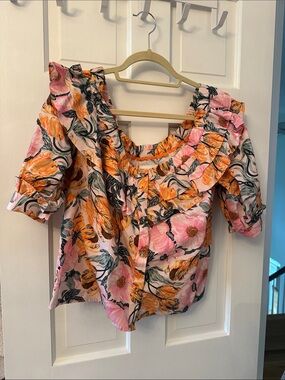 Anthropologie Pink & Orange Floral Ruffle Blouse